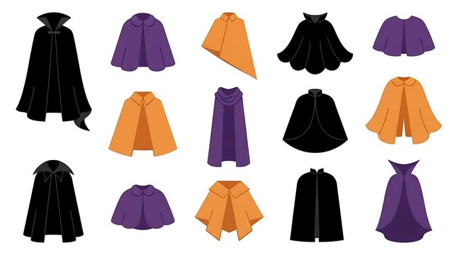 Collection of various halloween capes and cloaks in black orange and purple colors for costume design