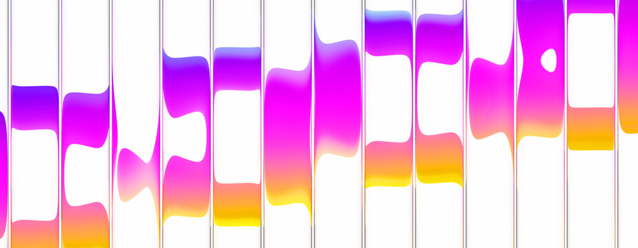 Fractal glass effect on dark 3d background with fluid wave distortion, smooth purple pink yellow gradients. Vibrant neon vertical stripe pattern, abstract visual presentation of music
