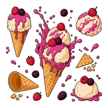 Ice cream dessert collection with raspberry blackberry toppings and waffle cones for packaging branding menus and summer design