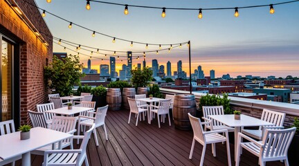 Fototapeta premium Empty rooftop terrace at sunset overlooking city skyline. Modern urban outdoor space features white chairs tables wooden barrels string lights brick walls plants. Beautiful evening light illuminates