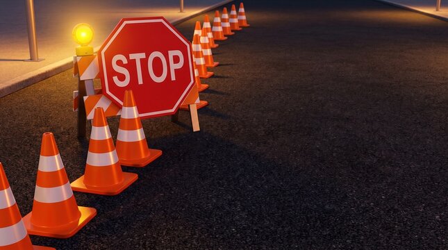 Road construction stop sign with warning light and traffic cones on dark asphalt road, road safety concept.