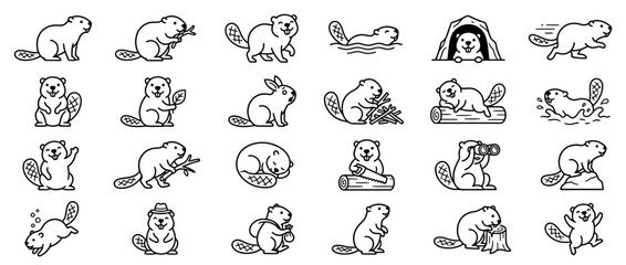Set of cute beaver character line icons © Margo