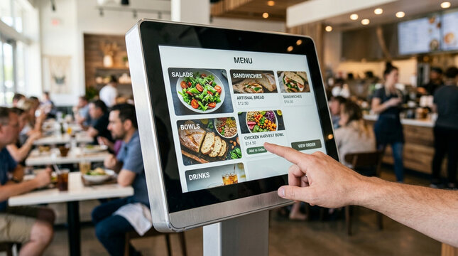 Customer uses digital menu kiosk in modern restaurant