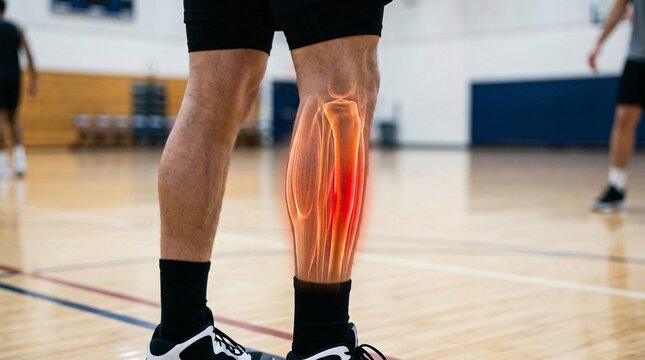 Glowing 3D anatomical diagram showing tibia, fibula, and lower leg muscle stress of a basketball player standing on an indoor court.