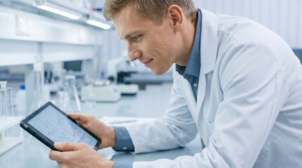 Fototapeta premium Young male laboratory scientist leans toward a tablet showing experiment charts, evaluating biomedical findings in a bright research workspace with focused curiosity and precise digital analysis