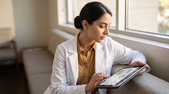Young female physician seated beside a sunlit clinic window reviews colorful health analytics on a tablet, presenting quiet concentration, evidence-based planning, mobile care, and useful copy space
