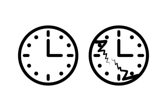 Broken normal clock time outline vector set features line art. It visualizes late deadline management crisis