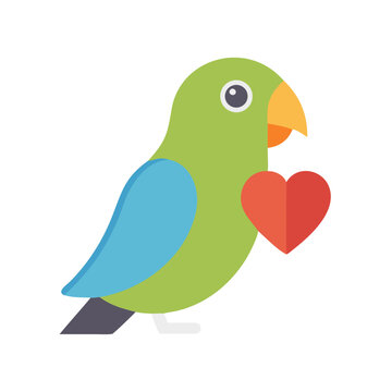 Stylized parrot illustration holding a heart against black background