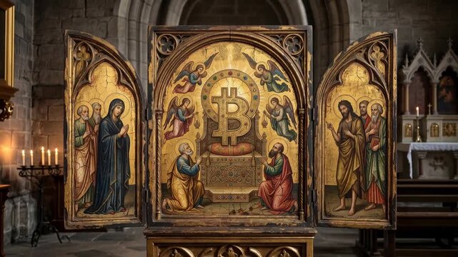 Ancient Triptych with Bitcoin Symbol in a Cathedral Setting
