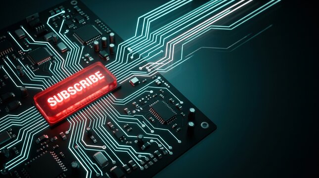 Circuit board with glowing "SUBSCRIBE" button and data flow on dark digital background, representing online service or digital subscription.