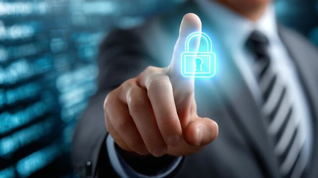Cybersecurity Shield: A businessman in a sharp suit touches a glowing digital padlock icon, symbolizing data protection and online security in a high-tech environment.