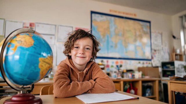Young student smiles in classroom with globe and world map, ready for learning