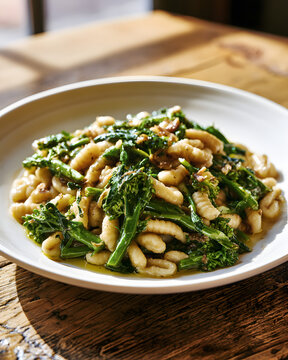 Cavatelli Pasta Dish with Broccoli Rabe and Anchovy on Rustic Wooden Table