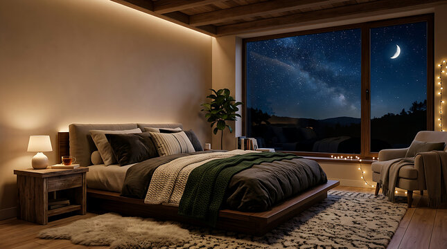 Cozy modern bedroom with large window and night view.