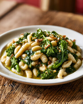Cavatelli Pasta Dish with Broccoli Rabe and Anchovy on Rustic Wooden Table