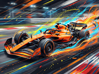 Fototapeta premium bright orange formula 1 race car with number 17 rushing along the track leaving dynamic fiery and flame sparks with a high speed motion blur effect