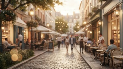 Fototapeta premium charming cobblestone street at sunset with outdoor cafe seating, pedestrians walking, warm golden hour lighting, European town atmosphere.