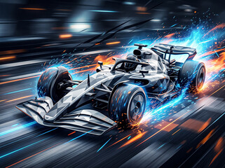 Fototapeta premium stylish formula 1 race car rushing along a night track generating bright blue and orange sparks with light flashes and maximum acceleration effect