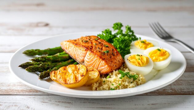 Grilled salmon fillet with fresh vegetables on white plate.