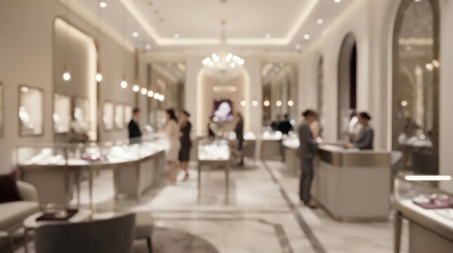 blurred wide angle of luxury jewelry boutique interior, elegant display cases, warm lighting, marble floor.