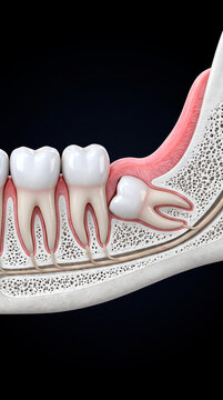Wisdom tooth impaction shown in a cross-section of the human jawbone