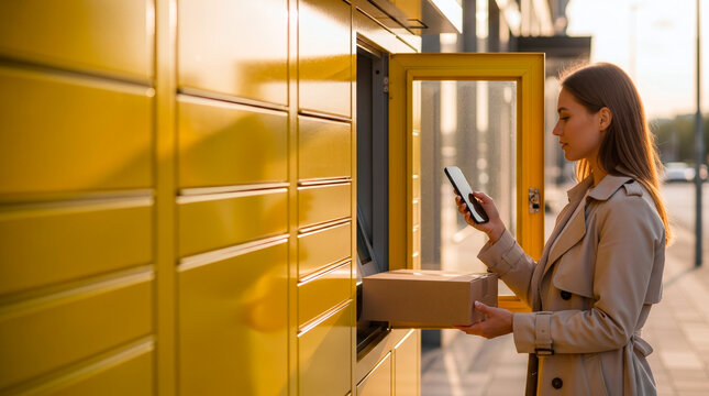 Woman using smartphone to collect package from automated parcel locker