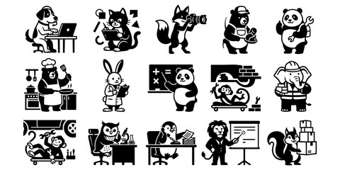 Naklejka premium Cartoon Animals in Various Professional and Everyday Scenarios.