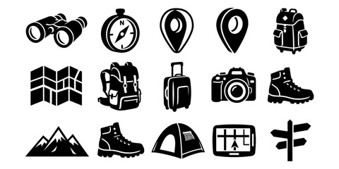 Fototapeta premium Collection of travel and adventure icons in black 2.