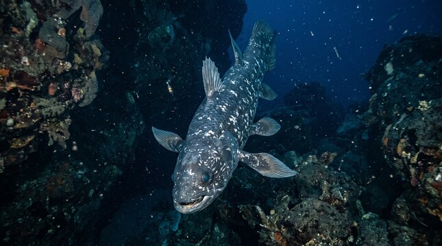 Coelacanth swimming in deep ocean among rocky underwater landscape