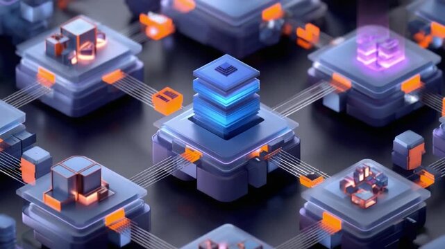 Abstract Data Network: A futuristic digital network of interconnected servers and nodes, glowing with vibrant blue and orange light, symbolizing data flow and connectivity.
