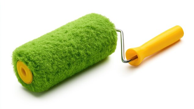 Bright Green Paint Roller with Yellow Handle on White Background.