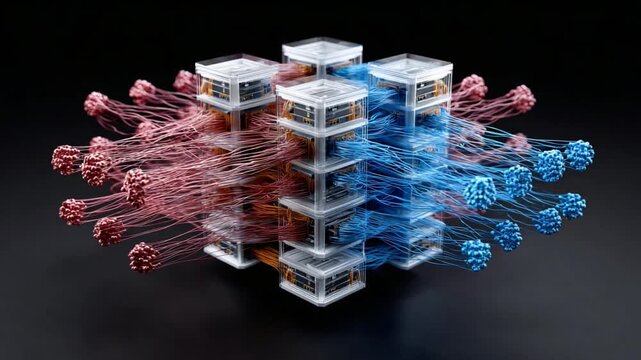Abstract Neural Network Structure: A complex, abstract visualization of a neural network with interconnected nodes and pathways in red and blue.