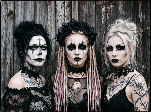 Three young women wearing gothic halloween costumes with dark makeup and black lace outfits standing by a rustic wooden wall for spooky festive season