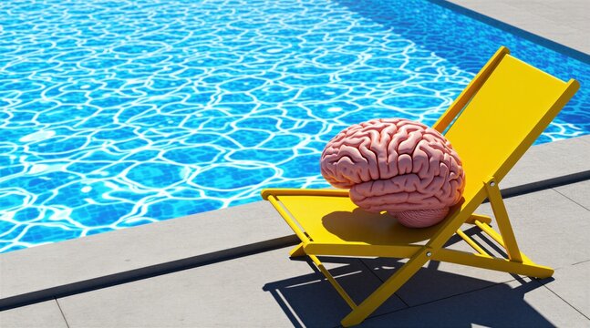 Anatomical human brain model sits on yellow lounge chair by blue swimming pool water. Mental health concept represents rest relaxation vacation holiday chill time. Thinking organ takes summer break