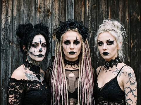 Three young women wearing gothic halloween themed costumes with dark makeup and black lace clothes standing by a wooden wall for spooky festive events