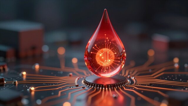 A glowing red digital blood droplet with internal circuitry hovers above a detailed electronic motherboard in a futuristic tech environment.
