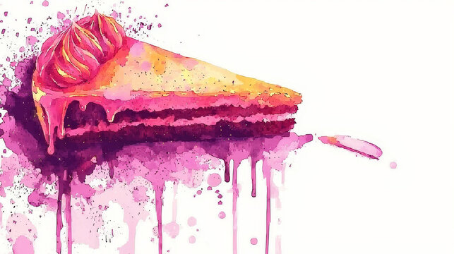 Watercolor cake slice pink frosting artistic dessert dripping paint sweet food creative illustration vibrant color abstract background bakery celebration