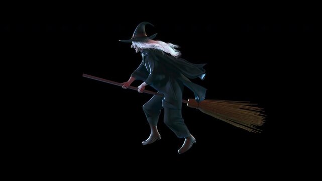 Seamless 3D animation loop of a spooky old witch flying on a magical broomstick. Side profile view, perfect for Halloween backgrounds, spooky event videos, or dark fantasy projects.4K with alpha .