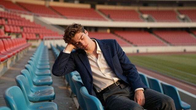 A young man in a suit sleeps peacefully on blue seats within an expansive, quiet sports stadium during golden hour.