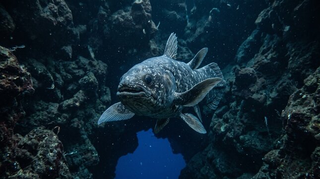 Coelacanth fish swimming in deep underwater rocky cave