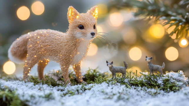 Fairy tale fox figurine glowing lights winter forest snow moss miniature animals magical festive enchanted whimsical scene holiday decor