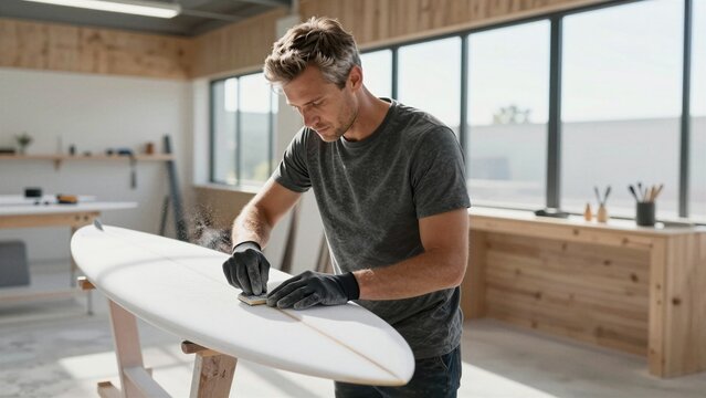 A skilled craftsman carefully sands a surfboard inside a bright, modern workshop with large windows and wooden walls.