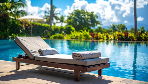 Luxury Poolside Lounge Chairs with Tropical Palm Trees.