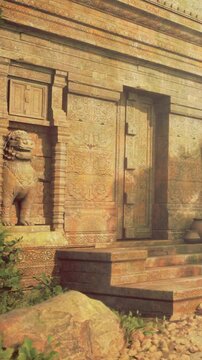 Sunlight gently illuminates the weathered stone of a mysterious ancient temple. A majestic lion statue stands guard beside ornate carvings, evoking a sense of history and wonder.