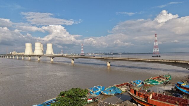 Nuclear power station and bridge over a wide river