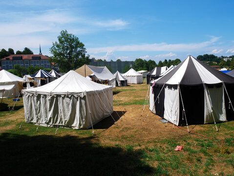 Historical renaissance fair encampment on a sunny day