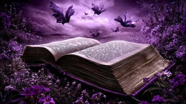 Open book flying books lavender sky purple flowers fantasy landscape magical surreal dreamy glowing night