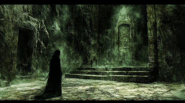 Ancient temple dark stone misty atmosphere fantasy mysterious shadowy figure eerie ruins dramatic lighting green hue. An ancient temple with dark stone walls and misty air featuring shadowy figure