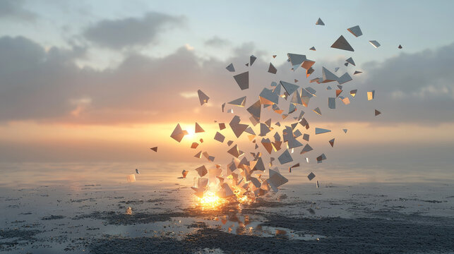 Exploding burst of angled shards geometric shapes abstract art sunrise tranquil water surreal landscape digital illustration peaceful mood