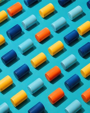 Colorful cylinders arranged in a diagonal pattern on a blue background